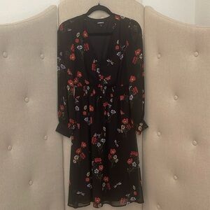 Express Black & Orange Floral Long Sleeve V Neck Elastic Waist Midi Sundress XS